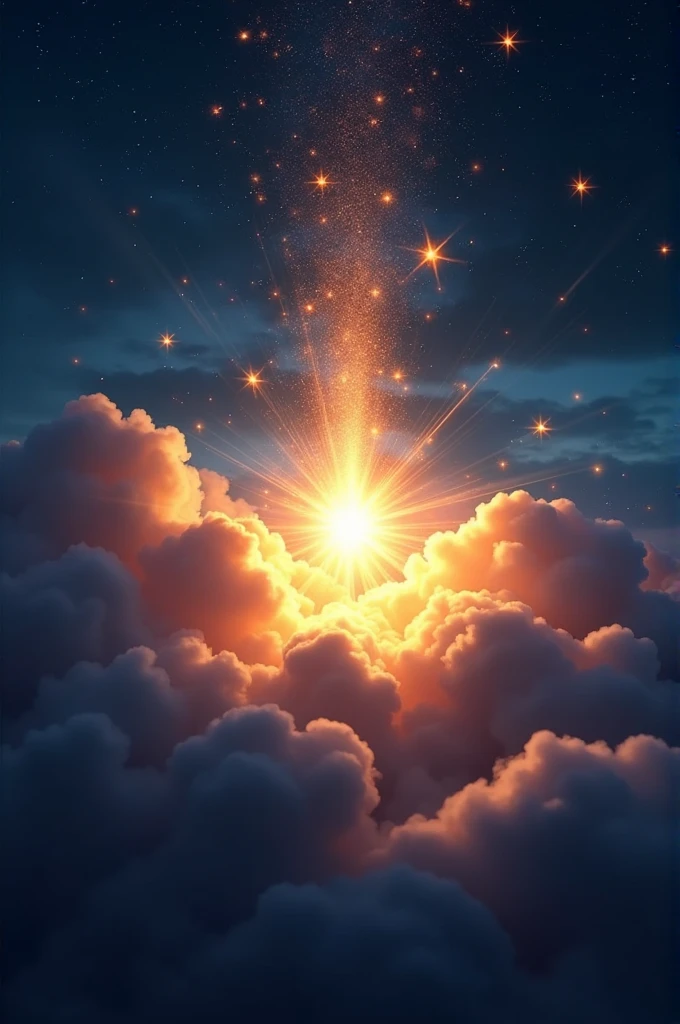 : Sparkle glowing brightly, with light beams piercing through the dark cloud, pushing it away, A sky filled with twinkling stars, with Sparkle shining proudly at the center, surrounded by happy, glowing stars.