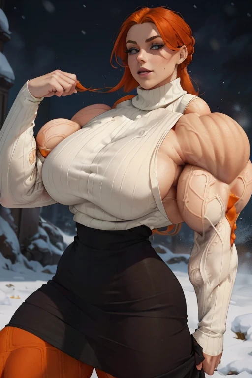 (Close-up), tall, (orange hair), beautiful muscular woman, long shaggy hair, pale white skinned, closed smile, (black lipstick), ((massive muscles)), (hyper muscle), ((ginormous bulky muscles)), green eyes, (((beautiful orange long sleeve turtleneck sweater dress))), ((pantyhose)), brown boots, choker, snow field