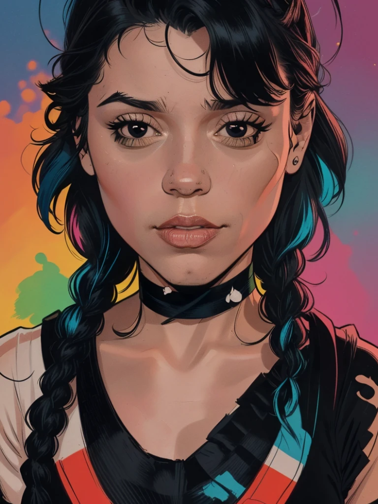 one girl, solo, (head close up:1.3), (black eyes:1.5), (black hair:1.3), (two cute braids:1.2), masterpiece, highly detailed, look at viewer, front view, (choker:1.4), (studio lights, fractal art, bright colors, colorful background, colors mashing, paint splatter, complimentary colors, neon, compassionate, limited palette:1.2)