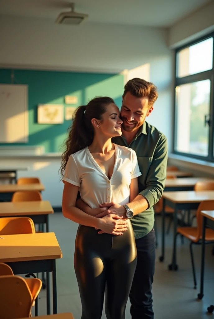 High waist female students, Female teacher in black latex leggings in classroom being hugged from behind by an older male teacher