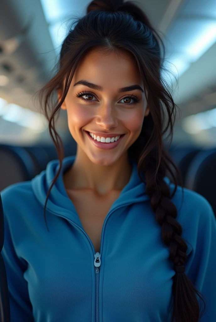 (photorealism: 1.2), hot brazilian sexy girl in sexy dynamic pose. raw portrait photography, hyper realistic and detailed face, complex and realistic skin texture, hot body, athletic body, smiling, long black hair tied up, dressed with blue sweatshirt in the aisle of the plane