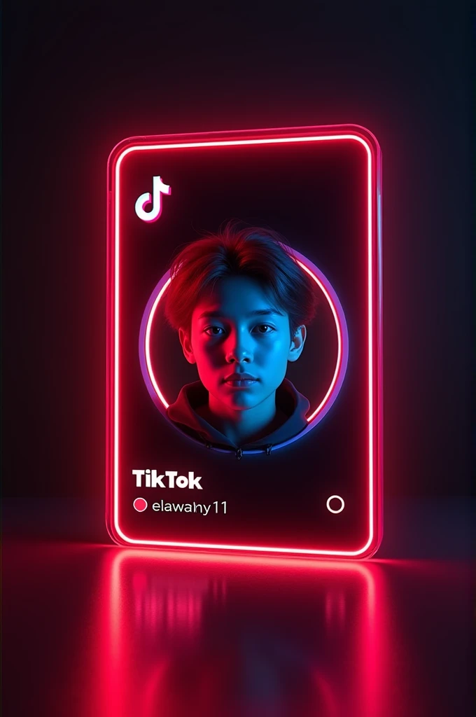 A digital card displaying a TikTok id with a similar design to the provided the reference image. The card should feature a young person's portrait a circular frame on the left side, with the tiktok logo and the text your id name elawamy11 and your followers on the right side. The card should have a neon red outline and a dark background, similar to the reference image.