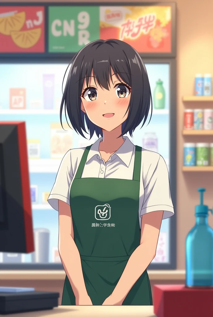woman、Short black hair、Wearing an apron, she works at the cash register of a convenience store.、In anime style