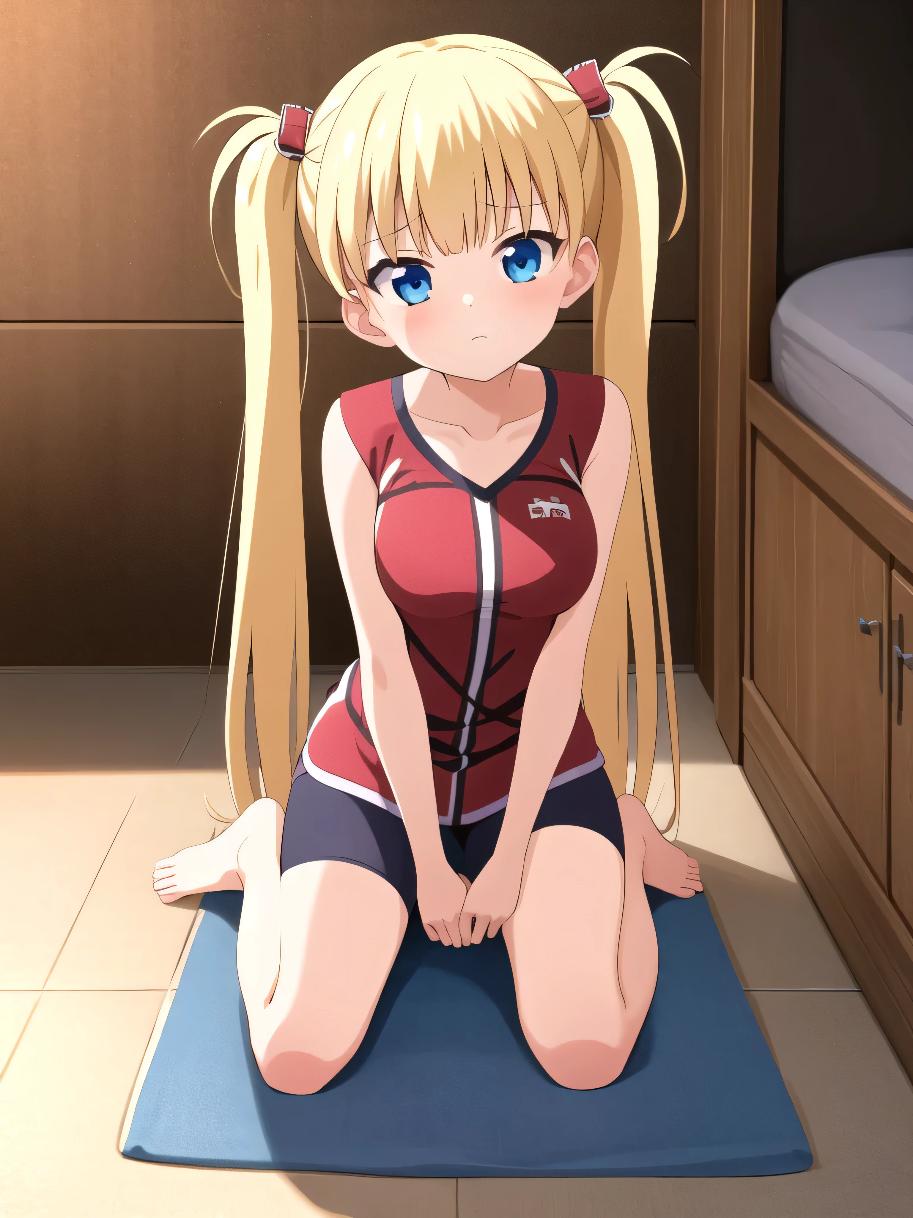 (masterpiece, Best Quality:1.2), absurdities, perfect anatomy, owtech, stylized, 1 girl, full body, looking at the viewer, blunt bangs, Focus only, Soft lighting, (blue eyes), blonde hair, very long hair, twintails, Airi Akizuki, medium breast,