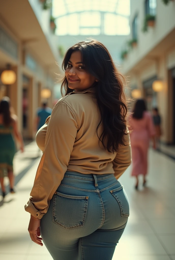 a very short and thick voluptuous smiling Indian woman with huge saggy breasts wearing trendy kurti with a jacket and denims walking through a shopping mall looking back, dreamlike atmosphere, soft cinematic focus, anamorphic lens flares, masterpiece, by tinto brass,