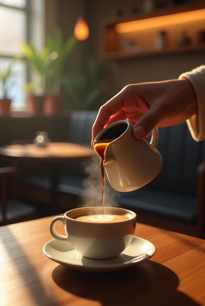 coffee poured into the cup with hand in the small coffee shop 
