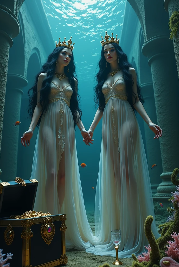A full-body shot of a (extra wide angle 1:1) portrait, ((2 Super realistic gorgeous vampire queens)) twin queen sisters, wearing their golden crowns, necklaces and earrings with big pink crystals 1:1, and their 3 girlfriends gorgeous blondes and brunettes with perfect extra beautiful (((detailed realistic face))), with jewelry’s, necklace, earrings. In a dark deep sea (big medieval ballroom very old realistic 1:3) in an old gothic palace, under the sea. Gliding neutrally buoyant in the sea. Sinking down at the bottom. Ripped many layered silk and lace medieval dresses. Rrayed apart lace dresses. Gold garnish. The queens have a big light-colored very finely detailed eyes, black super-long hair. Their exquisite girlfriend queens have an extra long hair, crown also big bright blue finely detailed eyes. Pale pink, white, black with gold and diamond dresses. Dresses in many layered lace and chiffon riven apart and wet ( perfect hands, five fingers on each hand.) Small breasts cleavage, (hyper realistic perfect eyes 1:3). Face with Pale perfect detailed skin. Hyper detailed skin on body. Queens surrounded by Perished under-water gothic palace 1:1 On the bottom of the sea are golden crowns 1:1, adorned with pink crystals 1:1. Bright colored blue, pink, orange, green fishes swimming around. Pink Corals. Sea moss. Octopus. Treasure chest with gold coins and jewelry in it. The scene a beautiful empresses swimming ghostly, their super long 1:1 hair flowing all around. Sad. Scared(Best Quality Detailed faces)1:1. A medieval fairytale vibe, with a big black intricate throne in a corner at the bottom with sea moss on it. In a fantastic scene that uses 3D Surreal 3D model. Big gold gothic medieval five armed on the seafloor, surrounded by crystal wine glasses—one tipped over and broken. The entire setup is masterpiece 1:3 framed with the grandeur of medieval gothic style. photographed in a Canon EOS R5, 50mm Lens, F/2.8, (8K)"