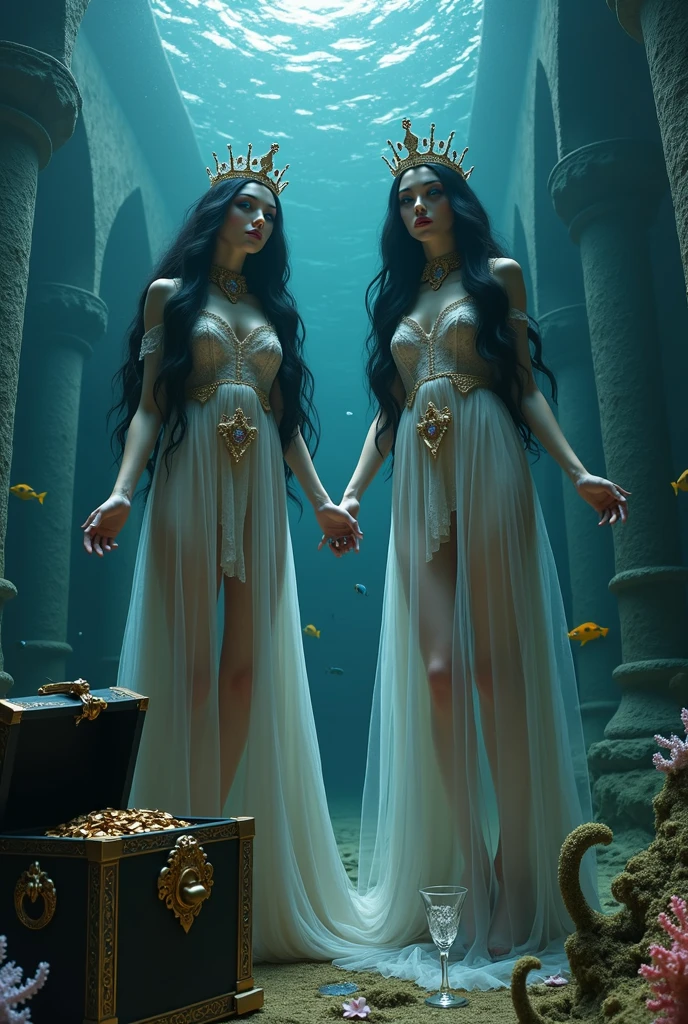 A full-body shot of a (extra wide angle 1:1) portrait, ((2 Super realistic gorgeous vampire queens)) twin queen sisters, wearing their golden crowns, necklaces and earrings with big pink crystals 1:1, and their 3 girlfriends gorgeous blondes and brunettes with perfect extra beautiful (((detailed realistic face))), with jewelry’s, necklace, earrings. In a dark deep sea (big medieval ballroom very old realistic 1:3) in an old gothic palace, under the sea. Gliding neutrally buoyant in the sea. Sinking down at the bottom. Ripped many layered silk and lace medieval dresses. Rrayed apart lace dresses. Gold garnish. The queens have a big light-colored very finely detailed eyes, black super-long hair. Their exquisite girlfriend queens have an extra long hair, crown also big bright blue finely detailed eyes. Pale pink, white, black with gold and diamond dresses. Dresses in many layered lace and chiffon riven apart and wet ( perfect hands, five fingers on each hand.) Small breasts cleavage, (hyper realistic perfect eyes 1:3). Face with Pale perfect detailed skin. Hyper detailed skin on body. Queens surrounded by Perished under-water gothic palace 1:1 On the bottom of the sea are golden crowns 1:1, adorned with pink crystals 1:1. Bright colored blue, pink, orange, green fishes swimming around. Pink Corals. Sea moss. Octopus. Treasure chest with gold coins and jewelry in it. The scene a beautiful empresses swimming ghostly, their super long 1:1 hair flowing all around. Sad. Scared(Best Quality Detailed faces)1:1. A medieval fairytale vibe, with a big black intricate throne in a corner at the bottom with sea moss on it. In a fantastic scene that uses 3D Surreal 3D model. Big gold gothic medieval five armed on the seafloor, surrounded by crystal wine glasses—one tipped over and broken. The entire setup is masterpiece 1:3 framed with the grandeur of medieval gothic style. photographed in a Canon EOS R5, 50mm Lens, F/2.8, (8K)"