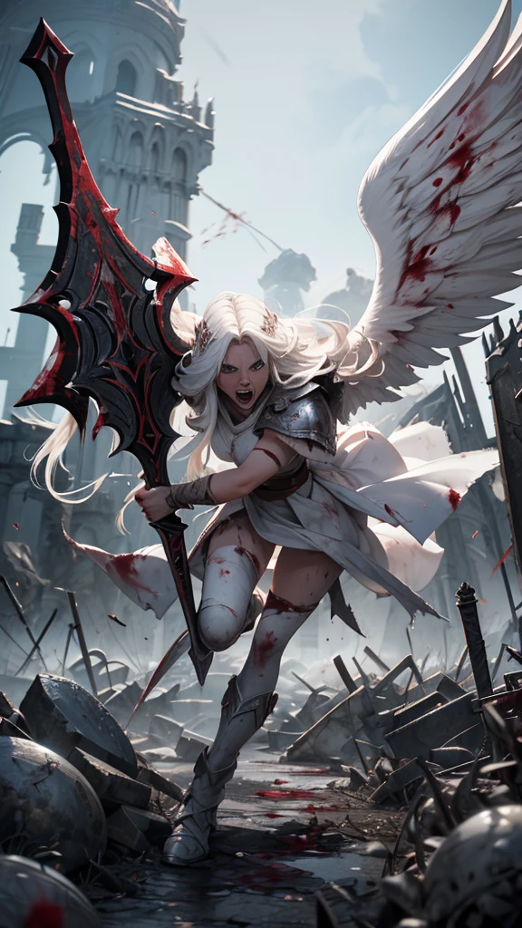 (madness), (dynamic), (motion), full body, raging battle (battlefield),  (40 year old female cleric),  (long white hair ),(white angel wings), (sexy dirty white armor), carnage, (blood splatter), crusing enemy, injured, blood, sweat, anger screaming, wielding sword dripping with blood , ground fog, white marble towers in the background, evil athmosphere, ((dark fantasy)), ((cinematic))