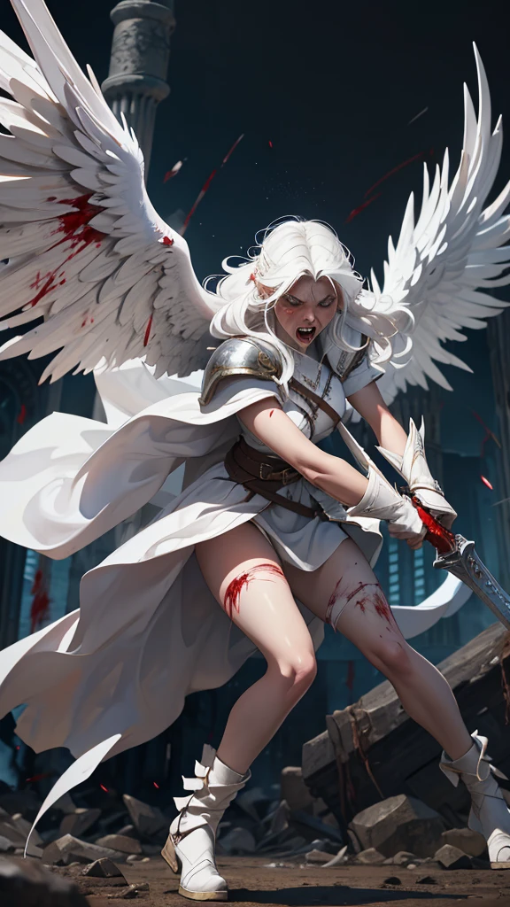 (madness), (dynamic), (motion), full body, raging battle (battlefield),  (40 year old female cleric),  (long white hair ),(white angel wings), (sexy dirty white armor), carnage, (blood splatter), crusing enemy, injured, blood, sweat, anger screaming, wielding sword dripping with blood , ground fog, white marble towers in the background, evil athmosphere, ((dark fantasy)), ((cinematic))