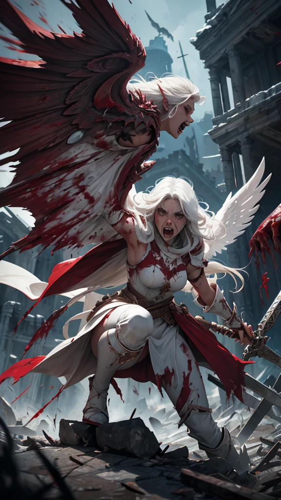 (madness), (dynamic), (motion), full body, raging battle (battlefield),  (40 year old female cleric),  (long white hair ),(white angel wings), (sexy dirty white armor), carnage, (blood splatter), crusing enemy, injured, blood, sweat, anger screaming, wielding sword dripping with blood , ground fog, white marble towers in the background, evil athmosphere, ((dark fantasy)), ((cinematic))