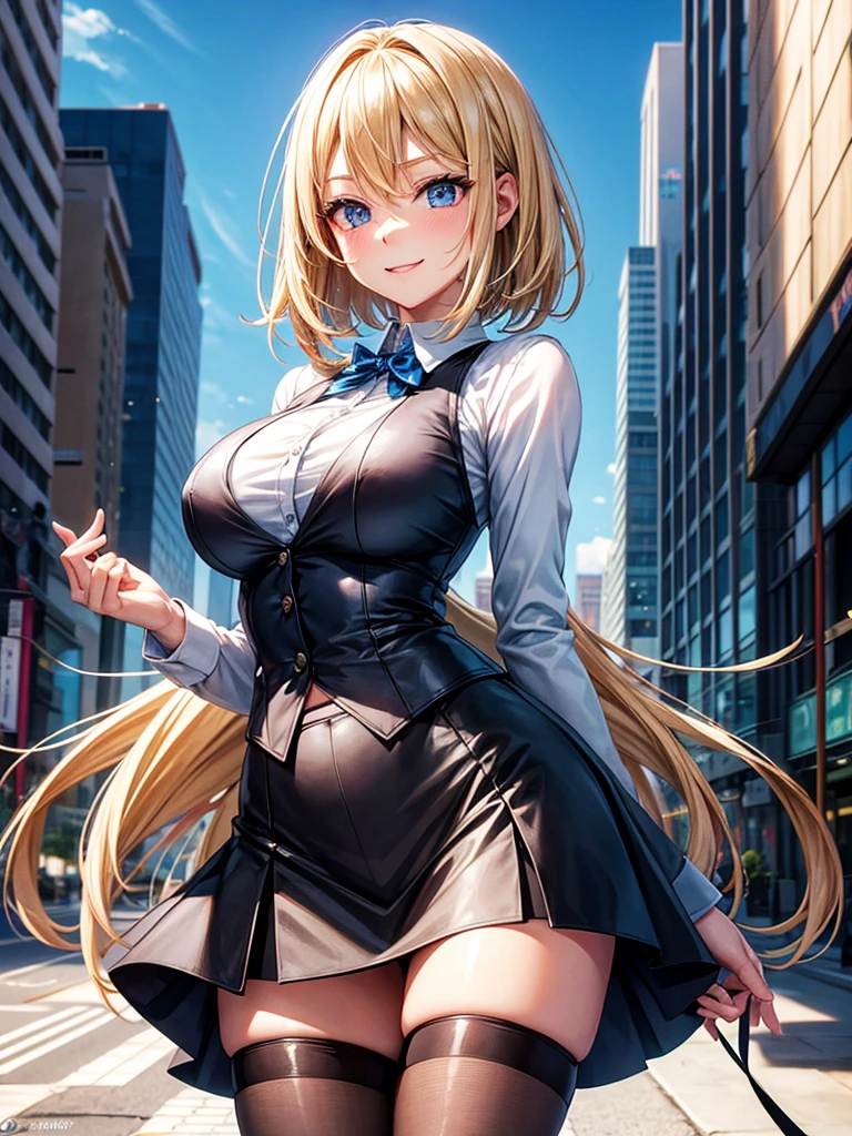 Anime style, super fine illustration, highly detailed, beautiful detailed, super high quality image, static representation, gentle expression, happy expression, the pretty image, the perfect style woman, 8k, pretty 1girl with blonde straight short hair & blue eyes & a bright smile & full bust & soft fair skin is a female secretary not to show her skin wearing the business shirt & vest & black tight skirt & black pantyhose on the urban business buildings street, happy stories, solo, perfect fingers, perfect arms, perfect legs, masterpiece.