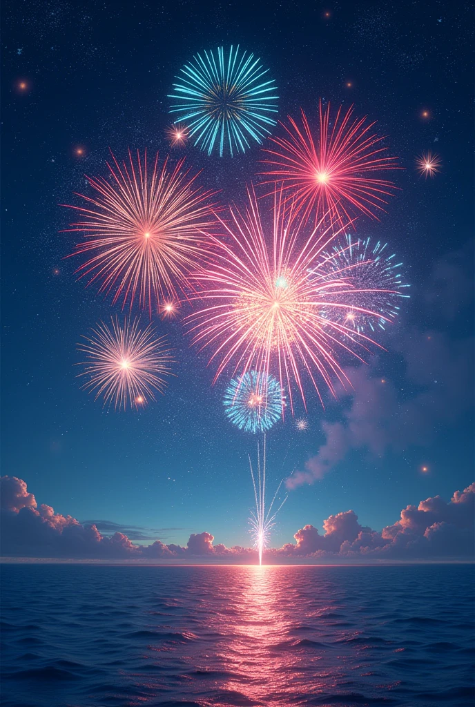 Night sky, lots of fireworks, beautiful sea
