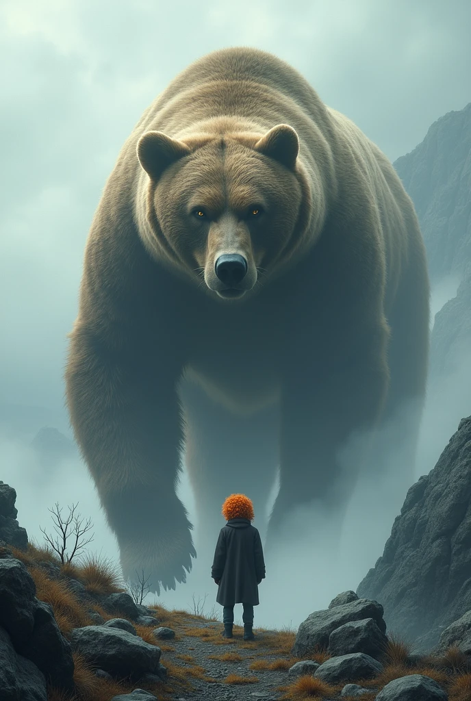 On a mountain in gray weather, A man with curly red hair stands calmly in front of a giant calm bear 