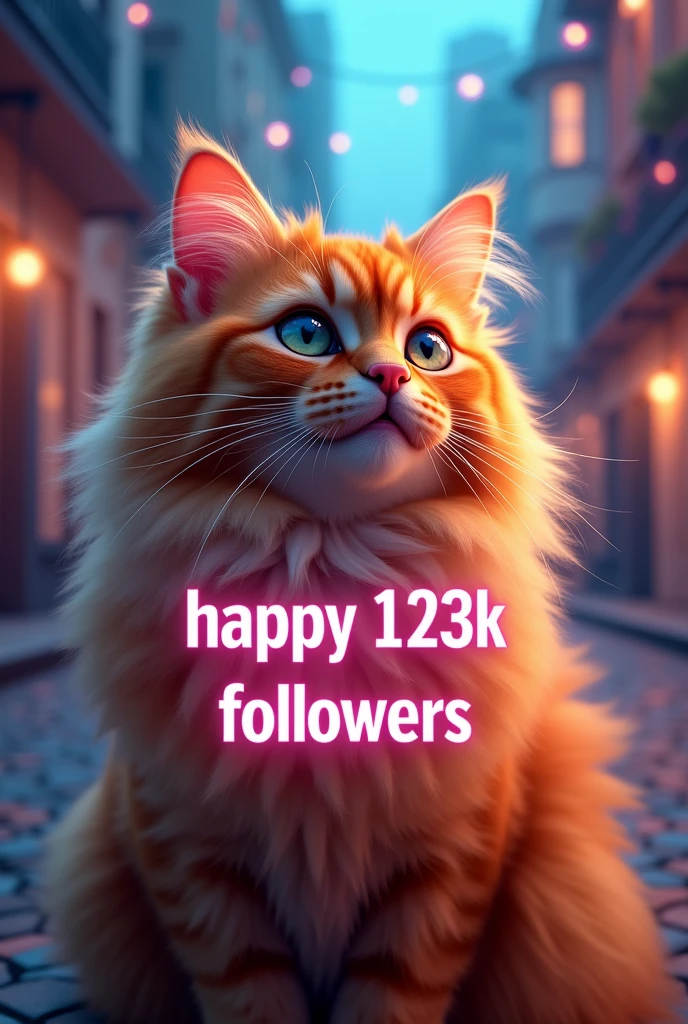 Design the word "HAPPY 127K FOLLOWERS"  make it colorful and cinematic with 1 orange Persian cat 