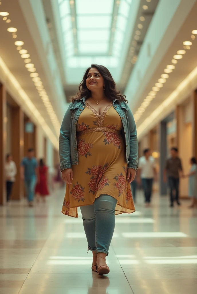 a very short and thick voluptuous smiling Indian woman with huge saggy breasts wearing trendy kurti with a jacket and denims walking through an empty shopping mall looking back, dreamlike atmosphere, soft cinematic focus, anamorphic lens flares, masterpiece, by tinto brass,