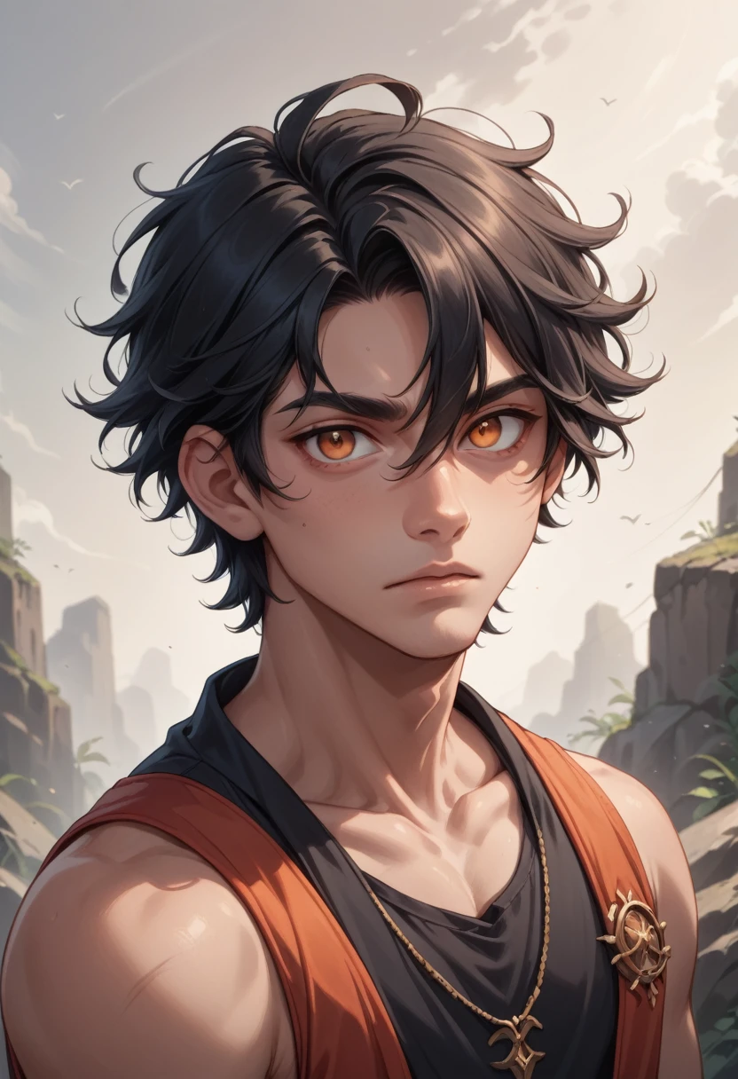 a short, fair-haired boy with long, straight, black hair with a pale red tip. He had loose hair with two clumps., slightly convex on each side of his head. He also had big ones., empty in appearance,  Dark orange eyes.
