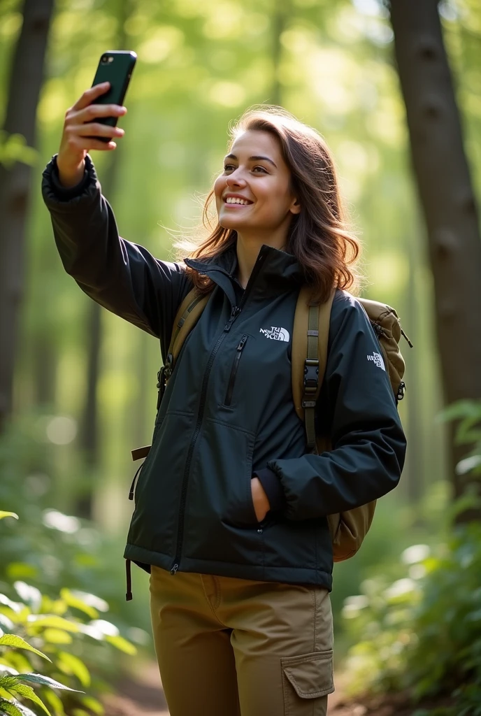 A young woman in her twenties, Caucasian with slightly wavy, shoulder-length brown hair, stands in a dense, green forest. She is dressed in North Face brand hiking gear: a lightweight black windbreaker jacket with the North Face logo visible on the chest, beige cargo hiking pants with several pockets, and sturdy black hiking shoes. Her hair falls naturally around her face, slightly mussed by the forest breeze. She is holding her smartphone with one hand, taking a photo of herself in this natural environment, with a happy and energetic smile.
