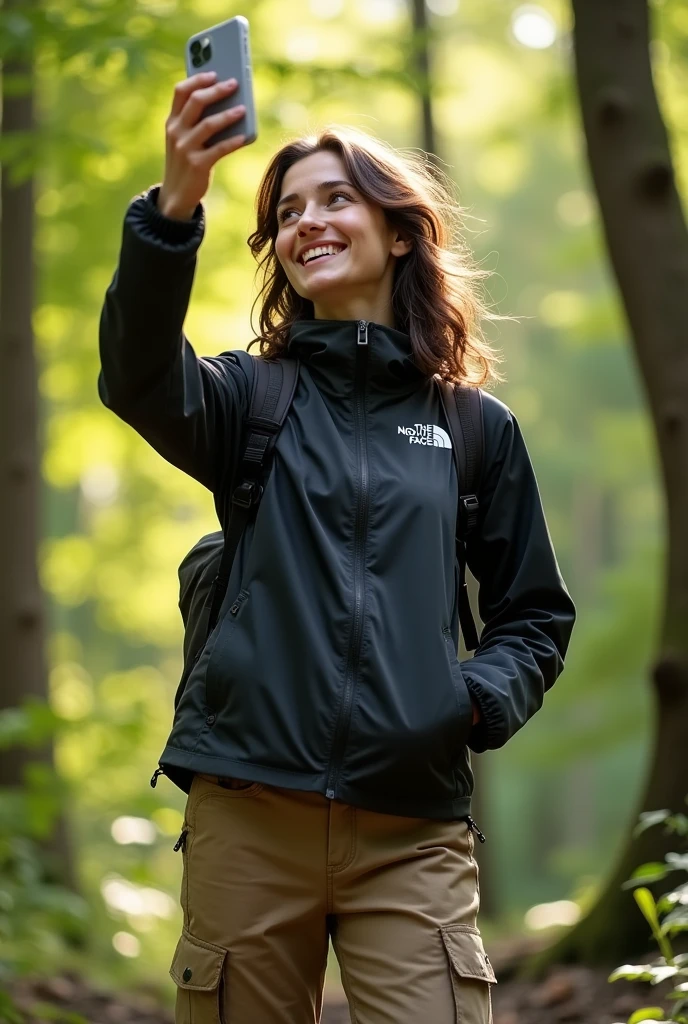A young woman in her twenties, Caucasian with slightly wavy, shoulder-length brown hair, stands in a dense, green forest. She is dressed in North Face brand hiking gear: a lightweight black windbreaker jacket with the North Face logo visible on the chest, beige cargo hiking pants with several pockets, and sturdy black hiking shoes. Her hair falls naturally around her face, slightly mussed by the forest breeze. She is holding her smartphone with one hand, taking a photo of herself in this natural environment, with a happy and energetic smile.