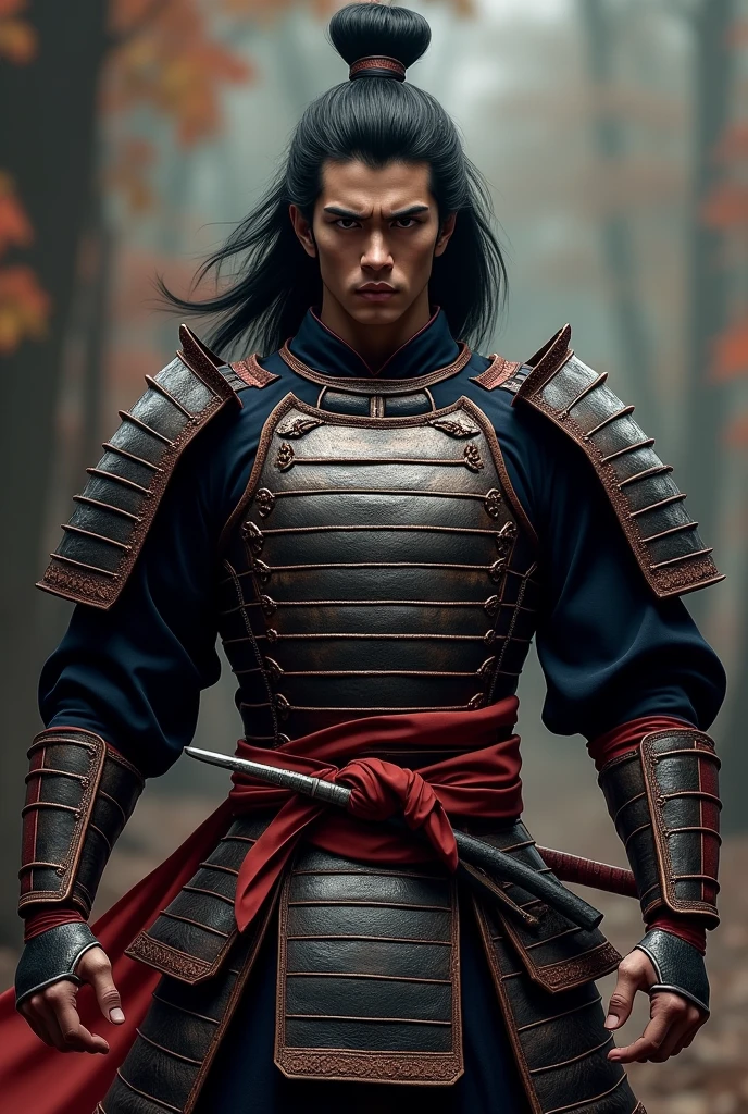 samurai warrior, ((masterpiece, highest quality, Highest image quality, High resolution, Raw photo, 8K)), ((Extremely detailed CG unified 8k wallpaper)), (huge stunning warrior shot, full body, jaw-dropping masculinity, perfect proportions, beautiful body, musclural body beauty:1.4), black hair, black hair, nervous, Posing for the camera, Wearing samurai armor, In a warrior fighting stance, photorealistic, 16k, 8k, 4K, award winning