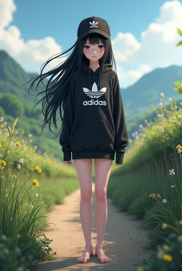 Sexy tall anime girl, long black hair, black eyes, barefoot, wear black adidas cap, wear black adidas hood, wear black panties, background is countryside, whole body