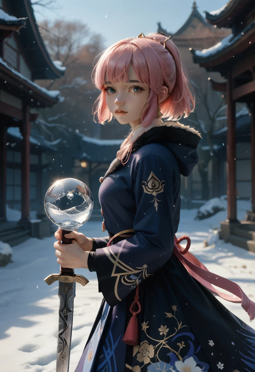 Extreme details, flawless, aerial view, like a work of art, anime girl holding ice and snow sword, pink hair and purple long skirt complement each other, gazing at the distant Ayaka Genshin, leading us into the world of Genshin.