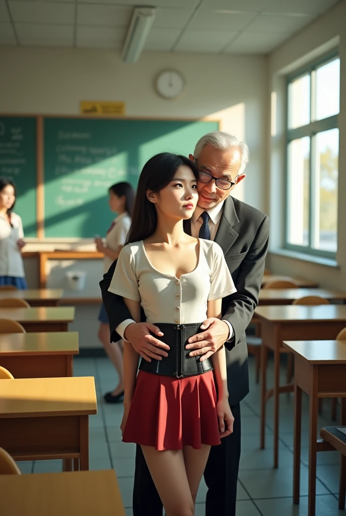 High waist female students, Female teacher in black latex corset hugged from behind by older male teacher in classroom