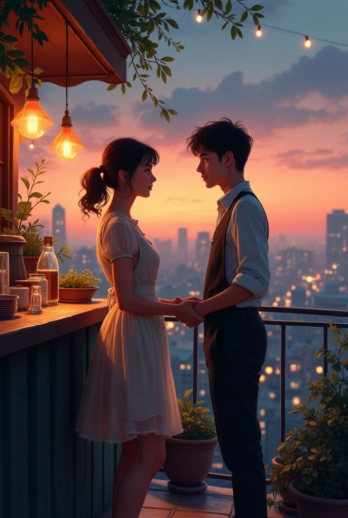 A romantic rooftop encounter unfolds at twilight, as a young woman, her countenance radiant with a gentle smile, lost in thought, stands behind the counter of a quaint, bohemian rooftop cafe. The soft breeze gently caresses her simple yet elegant cafe server dress, creating an ethereal aura. The city lights twinkle below, casting a warm, inviting glow on the intimate space. As the lone male customer enters the cafe, their eyes meet across the room, igniting a spark that seems to defy the passage of time, as if destiny had orchestrated their serendipitous encounter.