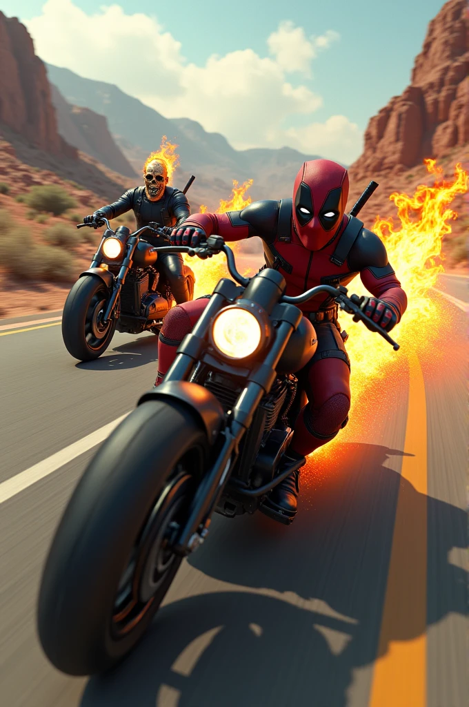 Deadpool is riding a motorcycle and Ghost Rider is riding a motorcycle following him.