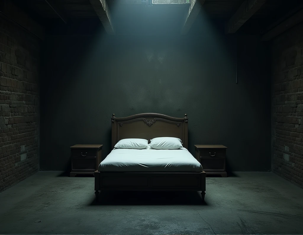The room was very dark and cold, with brick walls and a cement floor. In the center of the room was an antique bed., covered by a white sheet that looked like it had been recently washed