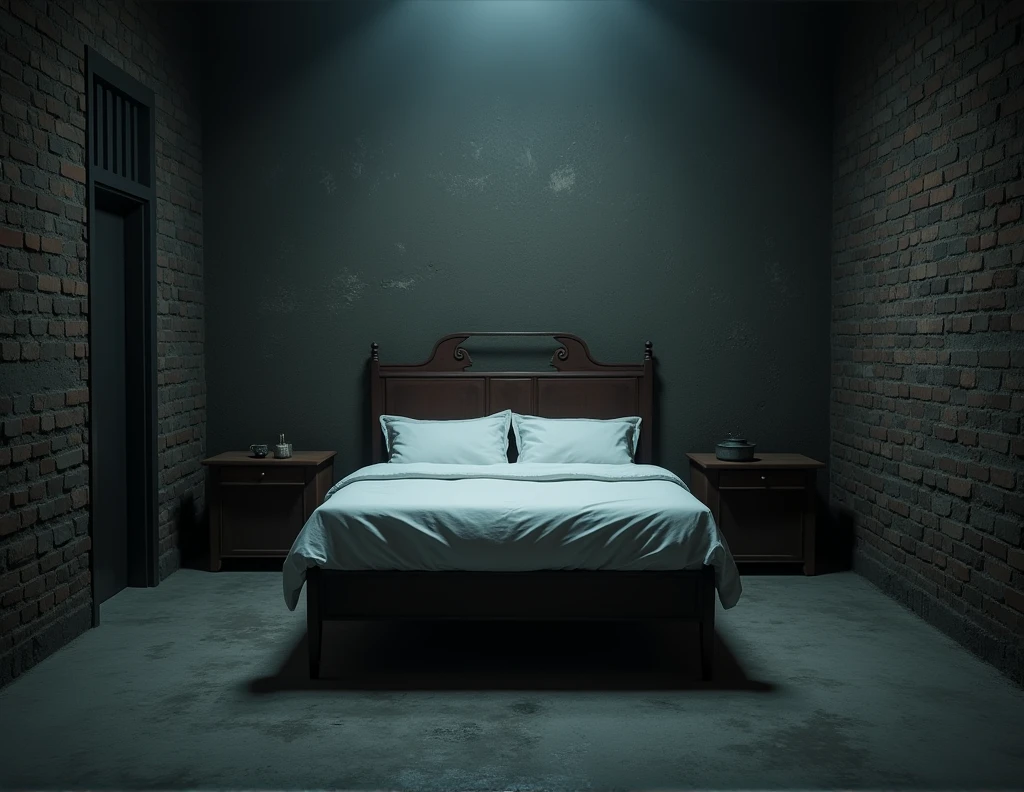 The room was very dark and cold, with brick walls and a cement floor. In the center of the room was an antique bed., covered by a white sheet that looked like it had been recently washed