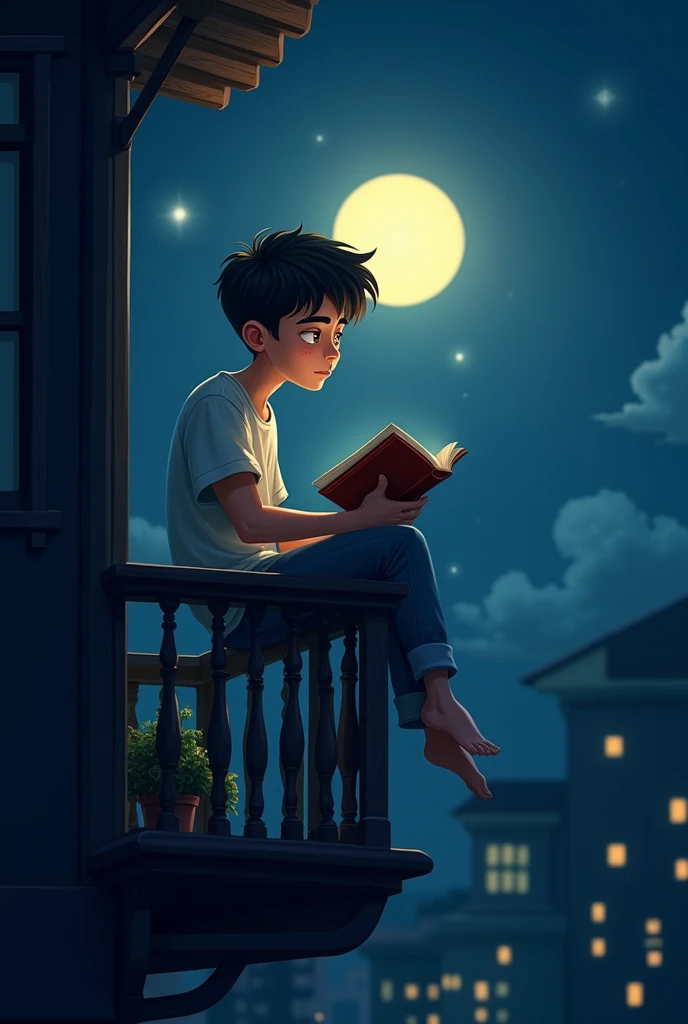 A young man sitting in the dark balcony and reading book at moonlit night in cartoon image
