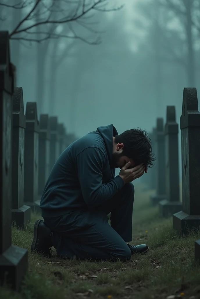10 graves, and a man on his knees crying with his hand on his face