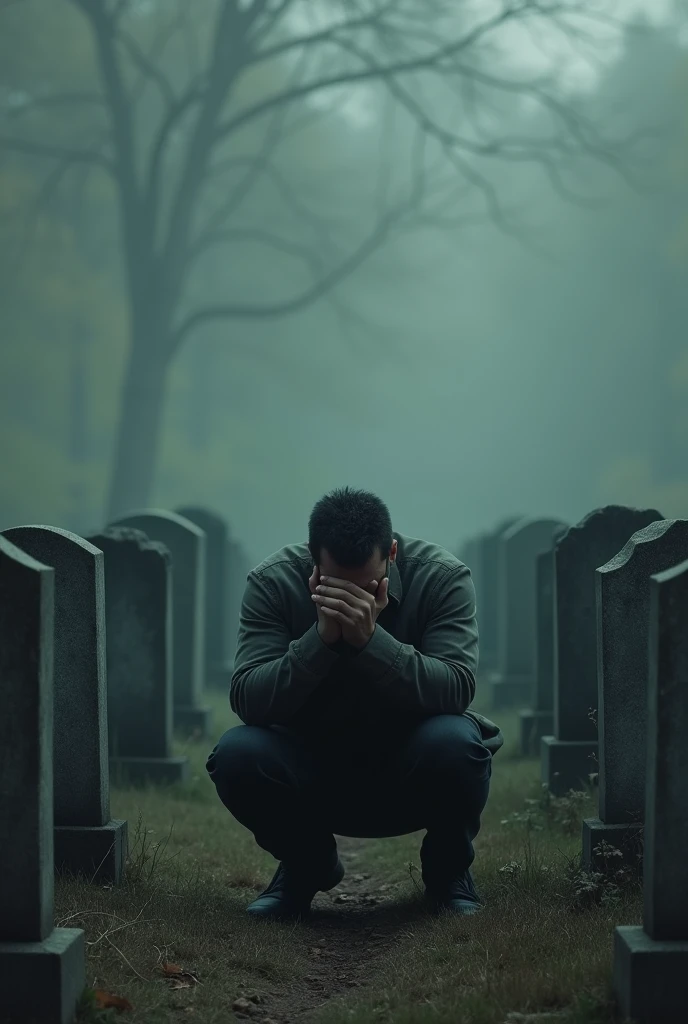 10 graves, and a man on his knees crying with his hand on his face