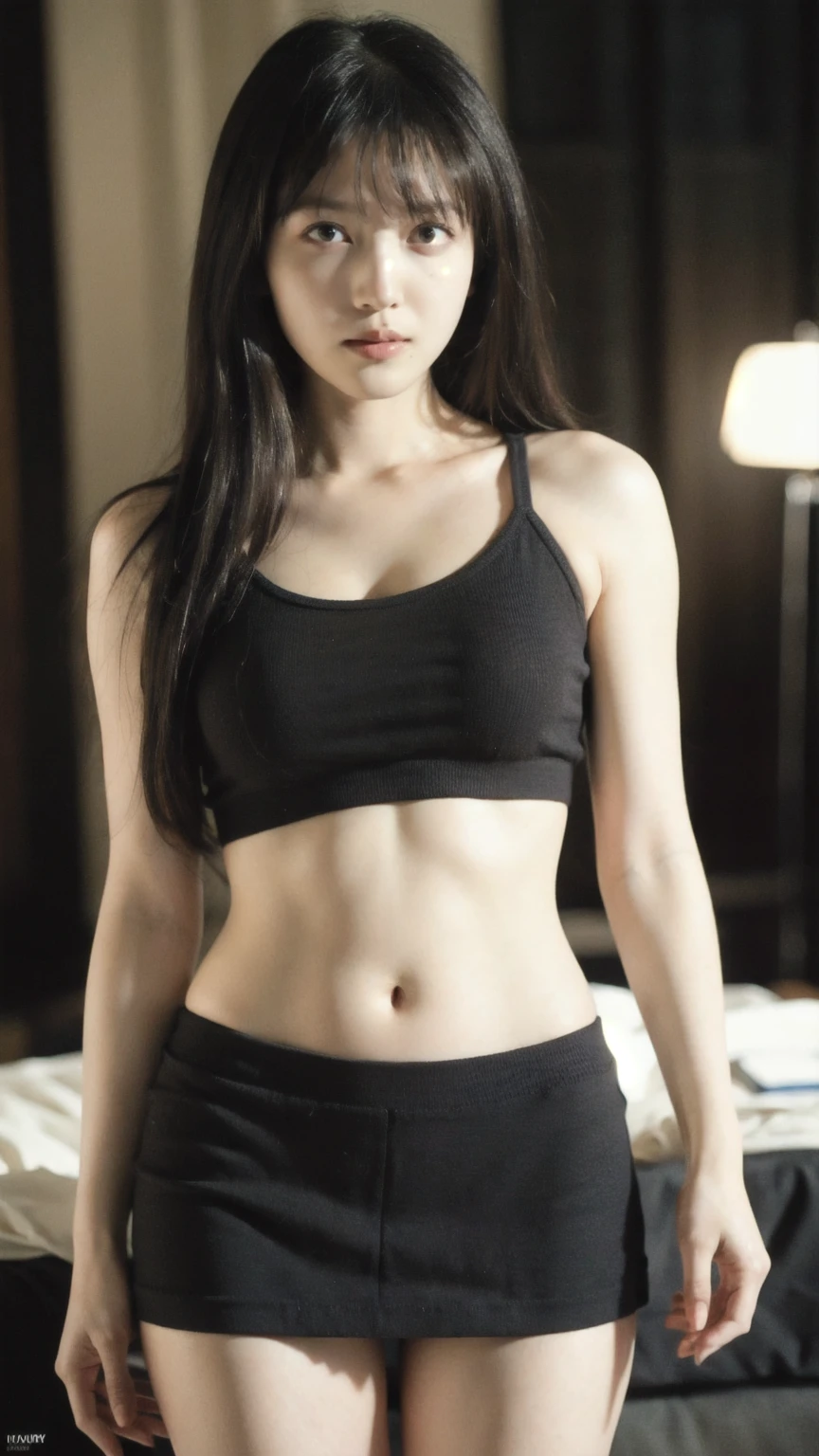 1girl, woman, masterpiece, best quality, highest quality, cinematic lighting, (volumetric lighting), extremely detailed CG unity 8k wallpaper, focused, 8k wallpaper, extremely detailed, ultra realistic, photorealistic, sharp focus, absurdres, (HDR:1.2), (high contrast), photograph, detailed and intricate, instagram, portrait, highly detailed, digital painting, artstation, concept art, smooth, sharp focus, illustration, cinematic lighting, (big breast), eyes looking at the viewer, ((medium shoulder)), (skinny legs), (slender body), (((height 163cm))), (HQ skin:1.4, Realistic human body structure), (medium body shot, hips level shot), (aerial shot photo), (wearing knit strap tank top, black short skirt), (pale skin)