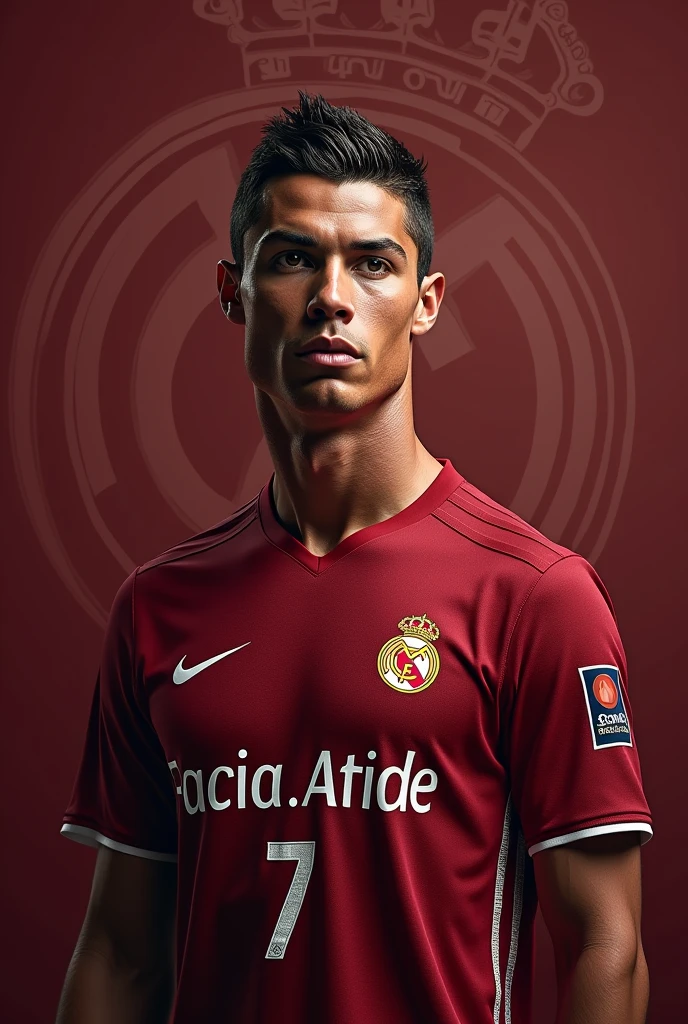Make a ronaldo photo with red wine shirt with a shirt name of Facia.Abide SHIRT NO 7 with a background of that match with real madrid logo