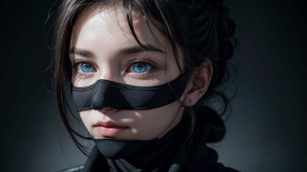 One woman, approximately 2, lightweight black clothing, wearing a prominently visible balaclava. She has striking blue eyes, adding to the atmosphere. The woman is depicted from the waist up, in random, beautiful locations and in various natural poses. Her face and other visible parts of her body are rendered with maximum detail and high quality. The background and her pose are randomly generated, creating a unique and unpredictable scene with a sense of mystery and solitude. The image features soft, diffused lighting and a shallow depth of field, enhancing the overall mood.