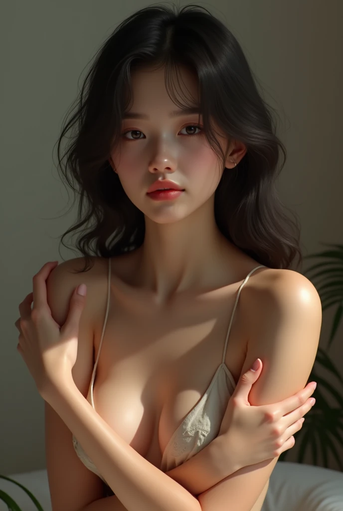 Beautiful girl without clothes hands on boobs