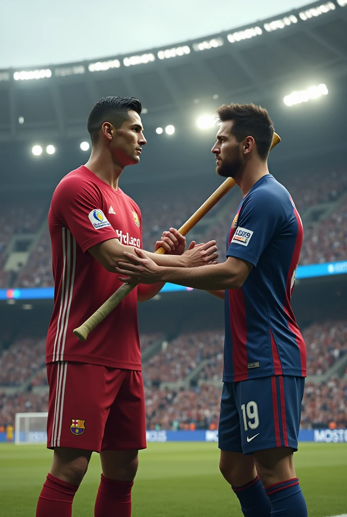 Ronaldo and Messi standing holding bats in both hands at the stadium in Hyderabad.