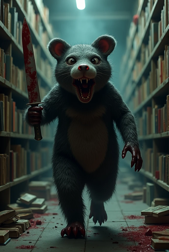 A frightening and lifelike mole mascot costume. The costume is blood-stained and carries a knife, moving through the dimly lit corridors of the library.