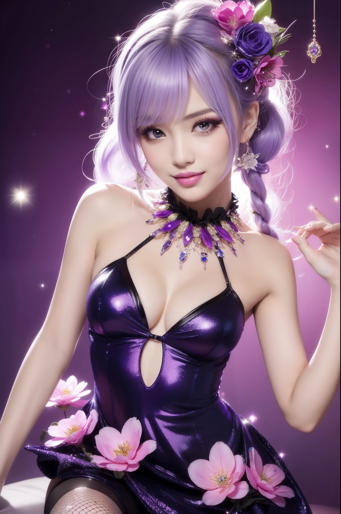 beautiful sexy model who controls poison、beautiful smile、lipgloss、long lashes、intense makeup、look at the camera、full body Esbian、、sparkling poisoned flower costume、、、、shiny sparkling multicolor hair、secrete poison、skull hair accessories、fishnet tights、shiny sparkling flowers background