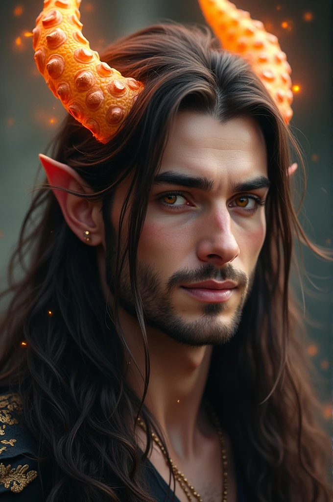 A handsome man with long dark brown hair and amber eyes. On his head he has two dragon horns, the orange glow. He has a gentle smile on his face.