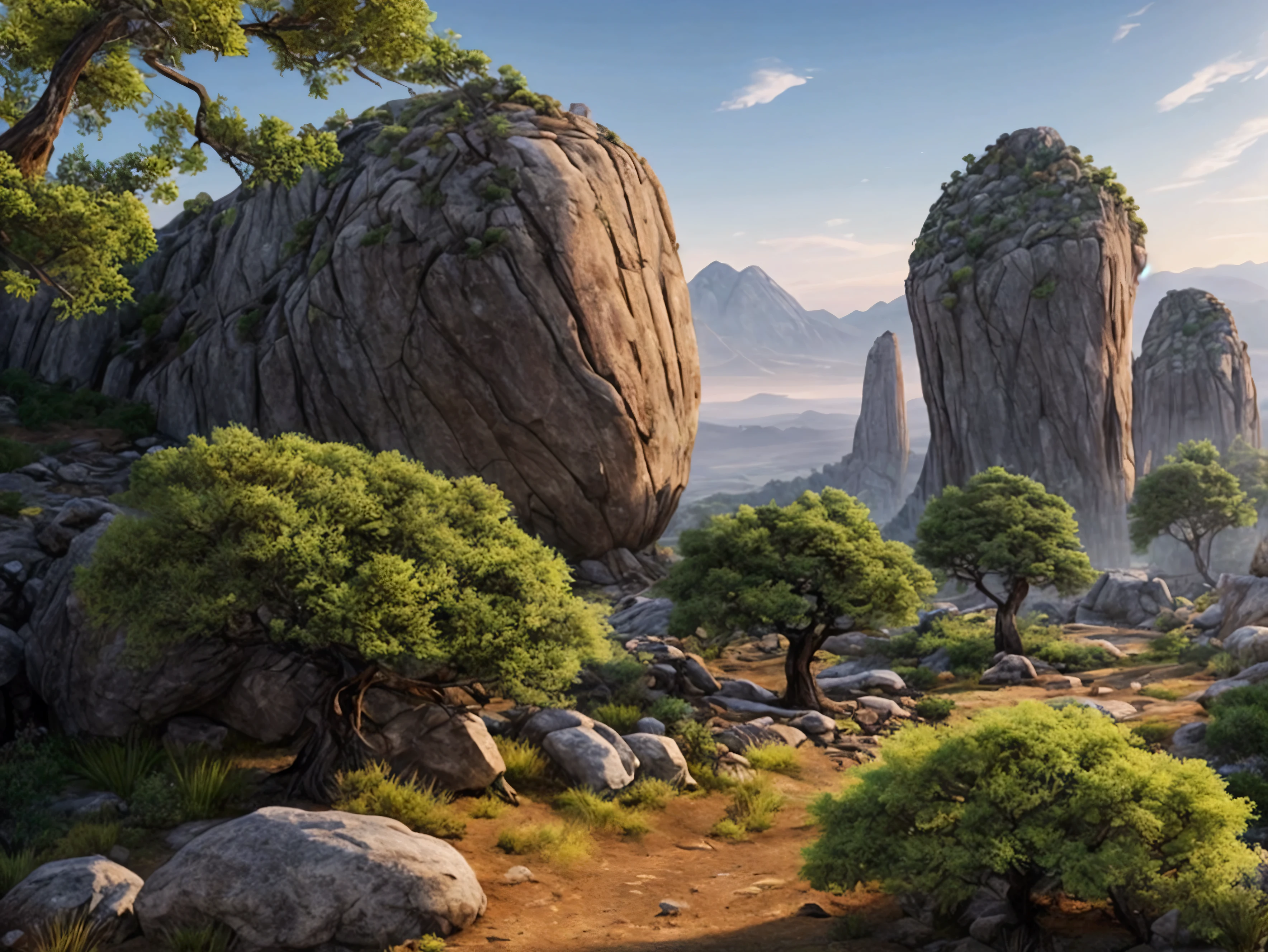 ancient landscape with epic high detail big rock ,mountain, green bush and colorful tree and flower, rocky gravel, super high detail, 8k