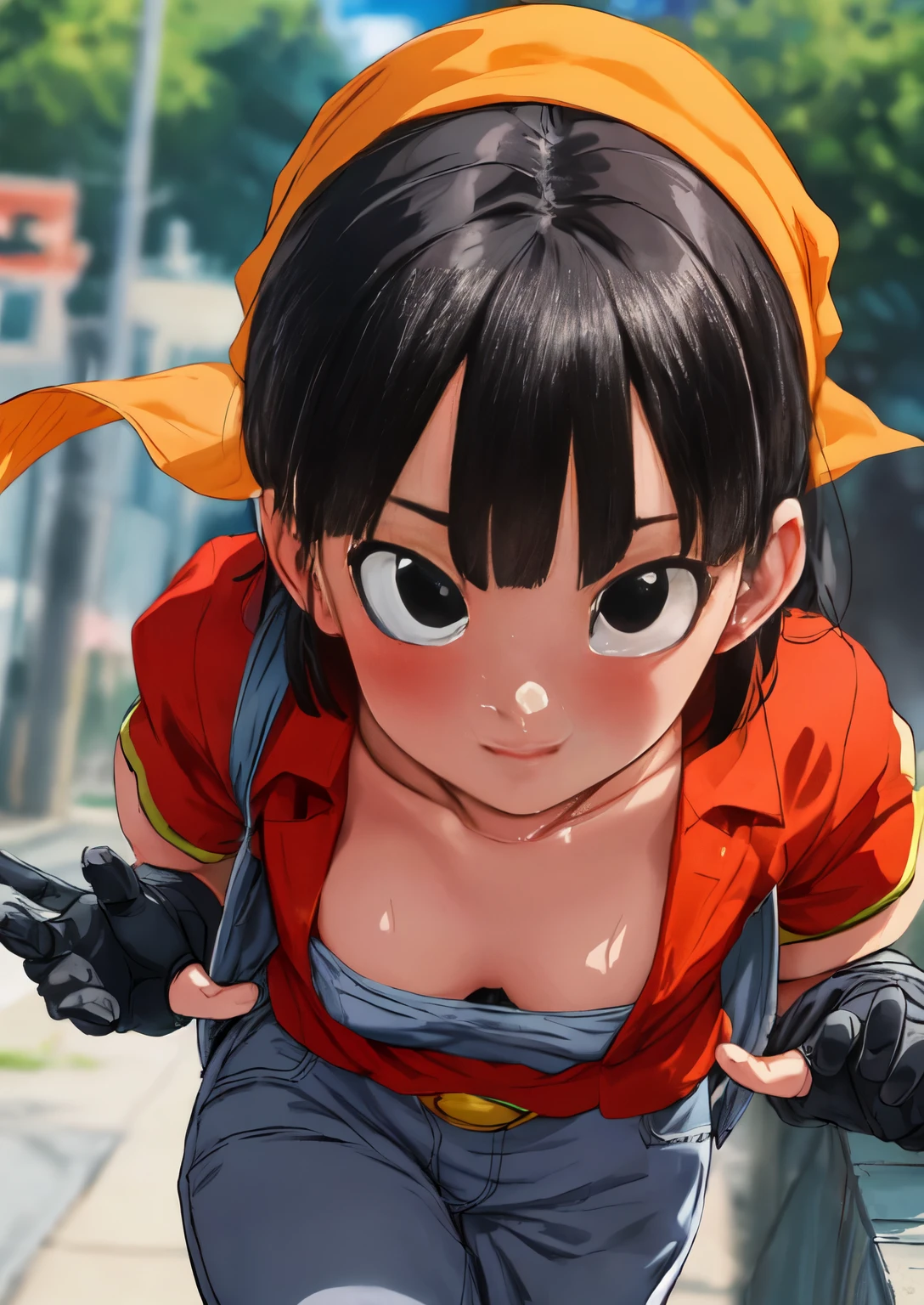 masterpiece, The best quality, the highest quality, photorealistic, perfect anatomy, perfect face, Perfect eyes,
pandballgt, 1 girl, black eyes, black hair, short hair, orange scarf, pants, Gloves without fingers, Red shirt, Crop above, outdoor, nina, women, pose sexy