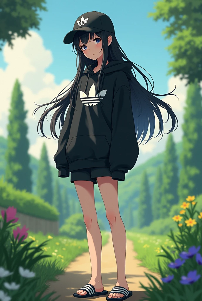 beautiful anime girl, long black hair, black eyes, wear black adidas striped slippers white and black, barefoot, wear black adidas cap, wear black adidas hood, wear black short pants, background is countryside,