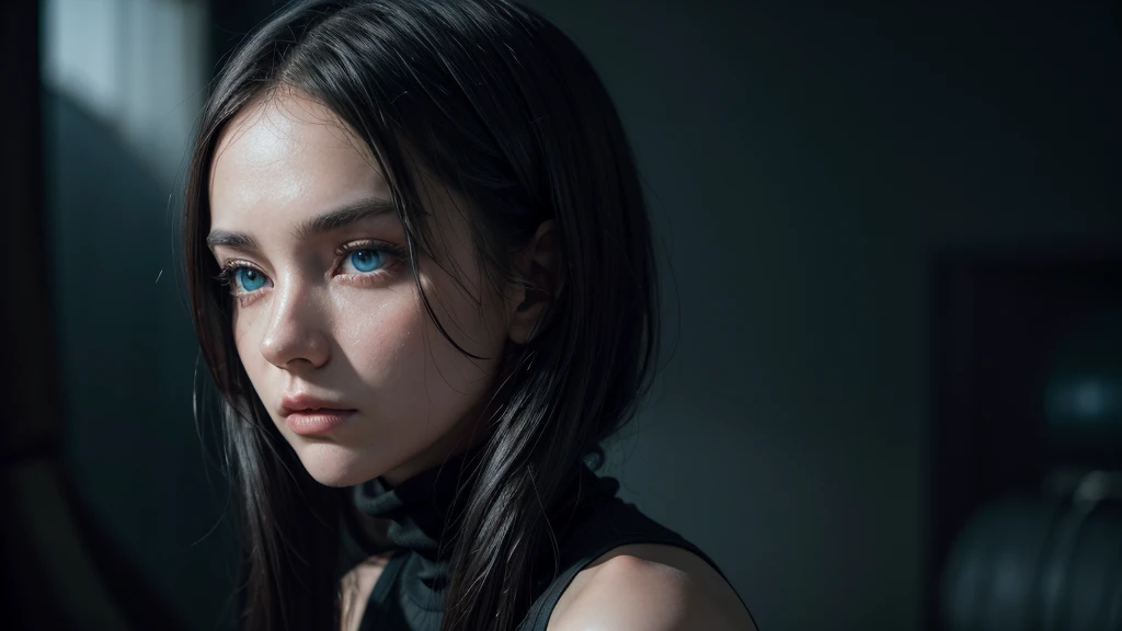 One woman, approximately 2, lightweight black clothing, wearing a prominently visible balaclava. She has striking blue eyes, adding to the atmosphere. The woman is depicted from the waist up, in random, beautiful locations and in various natural poses. Her face and other visible parts of her body are rendered with maximum detail and high quality. The background and her pose are randomly generated, creating a unique and unpredictable scene with a sense of mystery and solitude. The image features soft, diffused lighting and a shallow depth of field, enhancing the overall mood.
