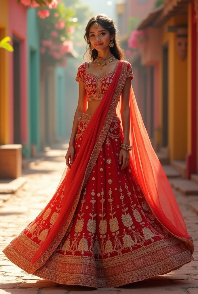 A girl with 55 kg weight with 4.7 ft  height wear lehanga