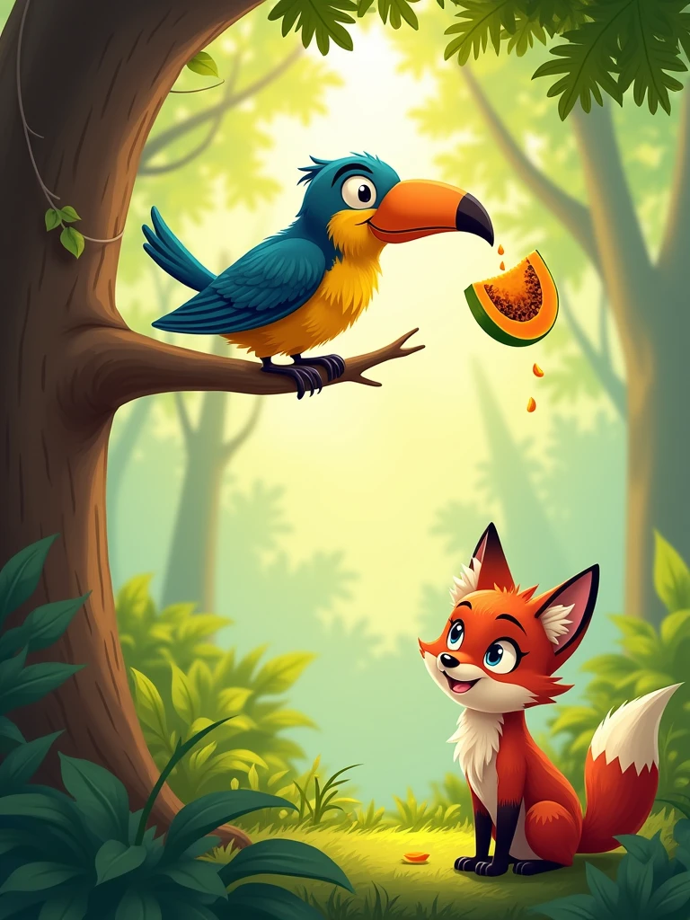 Image of a bird sitting on a tree branch, holding a piece of papaya in its mouth. A sly fox looks up and smiles down at the ground. A piece of papaya is falling from the bird's mouth, and the fox is ready to catch it. Behind the trees is the green forest, and some distance away the sunlight is glinting through the gaps in the leaves. The bird is surprised and the fox is making a smartly satisfied face, which is a reflection of the fox's ingenuity.
This photo is suitable for a children's story, can be painted in a colorful and funny way