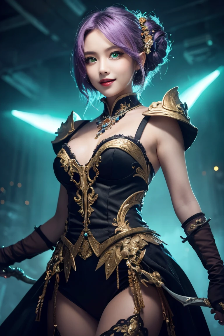 ((masterpiece)), ((best quality)), (ultra-detailed), kawaii, ((extremely detailed)), 4K, (8K), best quality, (beautiful), illustration, body shot, (dynamic pose), bullish attitude, noble female, a cute girl, solo, necromancer, (necromancer costume), wielding immense power, dark magic, regal presence, ornate staff, glowing eyes, sinister aura, ancient rituals, BREAK, (smile), (white teeth), beautiful purple hair, semi short hair, (beautiful hair), ((beautiful emerald eyes)), (beautiful eyes), dramatic lighting,