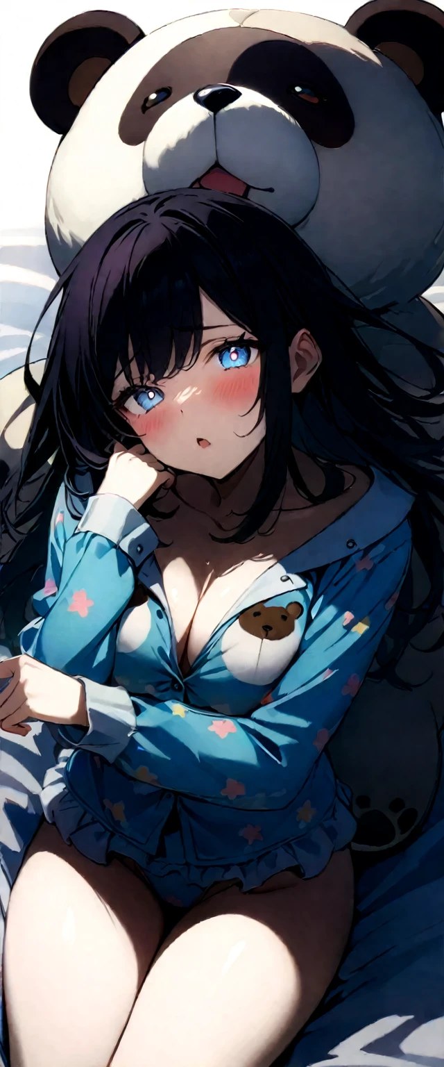 (highest quallity),(Artwork), 8k,very detailled, detailed light, best shade,Detailed reflective eyes, very detailledな顔,shiny hair,(1 girl:1.2),Woman,gland,Bblack hair,embarrassing,blush,beautiful fingers,beautiful hands,all-body,blue colored eyes,(Medium length hair:1.2),fine tune,mole under the eye,pijamas,(Plush polar bear:1.2),(Big teddy bear:1.2),Hug a stuffed animal,(Watery eyes 1.2), with sexy sleepwear (very sexy pajamas